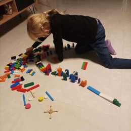 Puinen domino- ja kuularata 407 osaa | Suuri värikäs dominopalikkasarja kangaspussilla