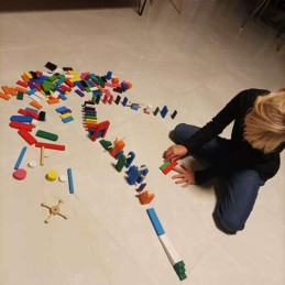 Puinen domino- ja kuularata 407 osaa | Suuri värikäs dominopalikkasarja kangaspussilla