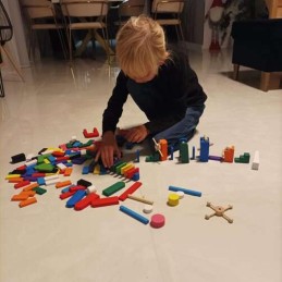 Puinen domino- ja kuularata 407 osaa | Suuri värikäs dominopalikkasarja kangaspussilla
