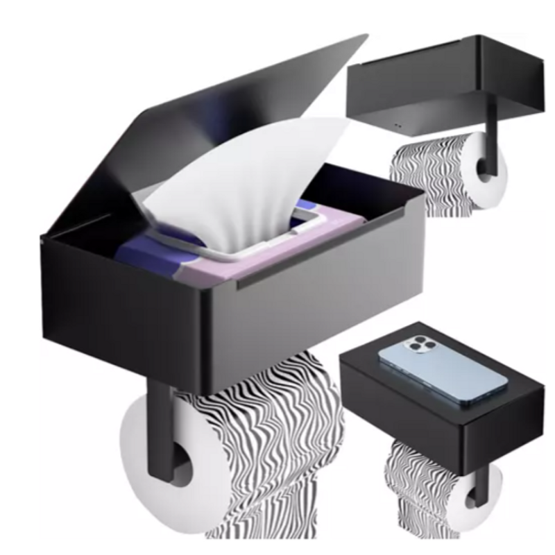 Musta 3-in-1 WC-paperiteline hyllyllä ja laatikolla | Loft-tyyli