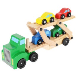 Puinen autolastaustraileri ja leluautot | Kaksikerroksinen puinen rekka lapsille 2v+