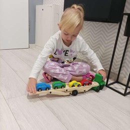 Puinen autolastaustraileri ja leluautot | Kaksikerroksinen puinen rekka lapsille 2v+
