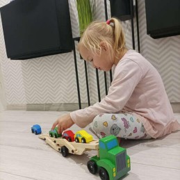 Puinen autolastaustraileri ja leluautot | Kaksikerroksinen puinen rekka lapsille 2v+