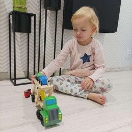 Puinen autolastaustraileri ja leluautot | Kaksikerroksinen puinen rekka lapsille 2v+