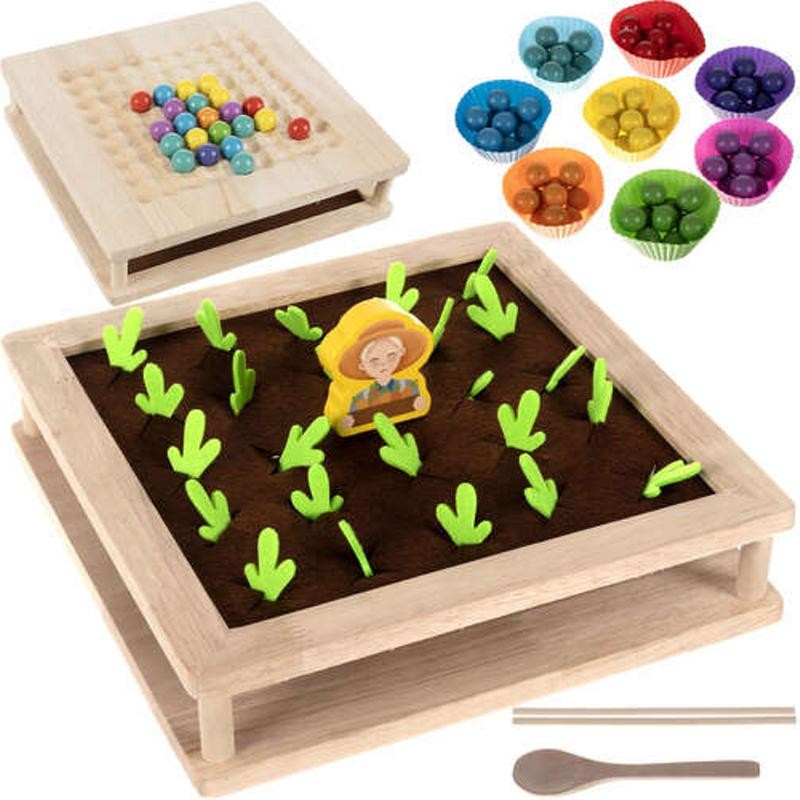 Puinen 2-in-1 Montessori-muistipeli ja helmipeli | Kehittävä puulelu Maatila lapsille 3v+