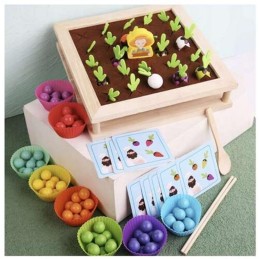 Puinen 2-in-1 Montessori-muistipeli ja helmipeli | Kehittävä puulelu Maatila lapsille 3v+