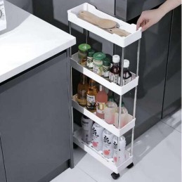 Kylpyhuonehylly pyörillä – 4 tasoa, kapea ja valkoinen