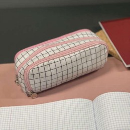 Designer Ruutukuvioitu Penaali 3 Osastoa | Tilava Kynäkotelo & Meikkipussi