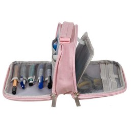 Suuri vaaleanpunainen pussipenaali | Kaksilokeroinen aukirullattava penaali kantokahvalla