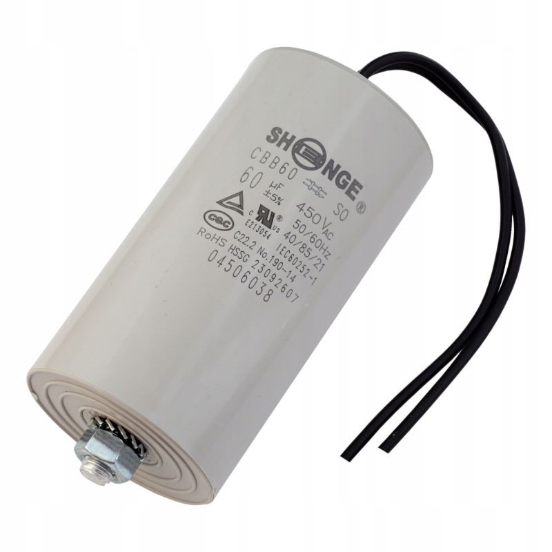 Moottorikondensaattori 60µF 450VAC | Johtimilla | M8-ruuvi