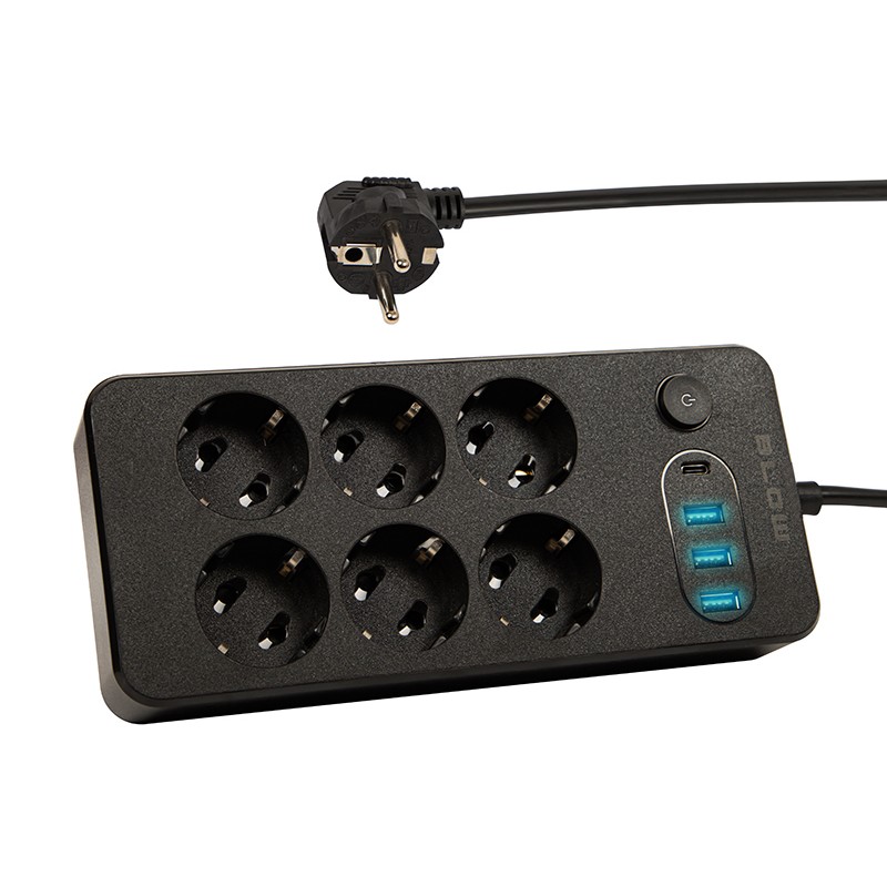 Jatkojohto 6-paikkainen 5m | 3x USB + USB-C | Musta