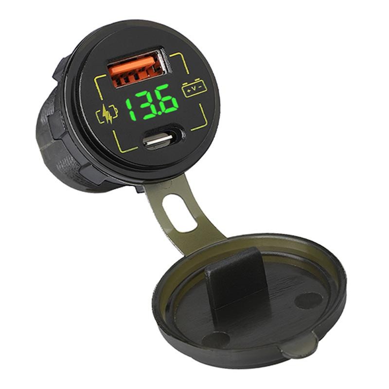 Asennettava autolaturi M18A USB+USB-C | Volttimittari | QC 3.0