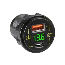 Asennettava autolaturi M18A USB+USB-C | Volttimittari | QC 3.0