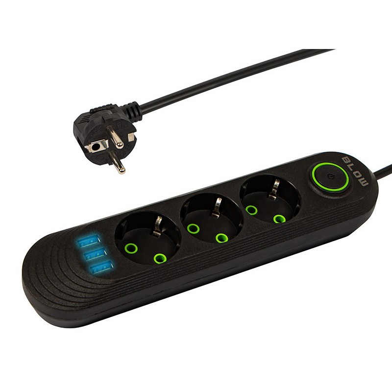 Jatkojohto PS-350 | 3 pistorasiaa + 3xUSB 5m kytkimellä