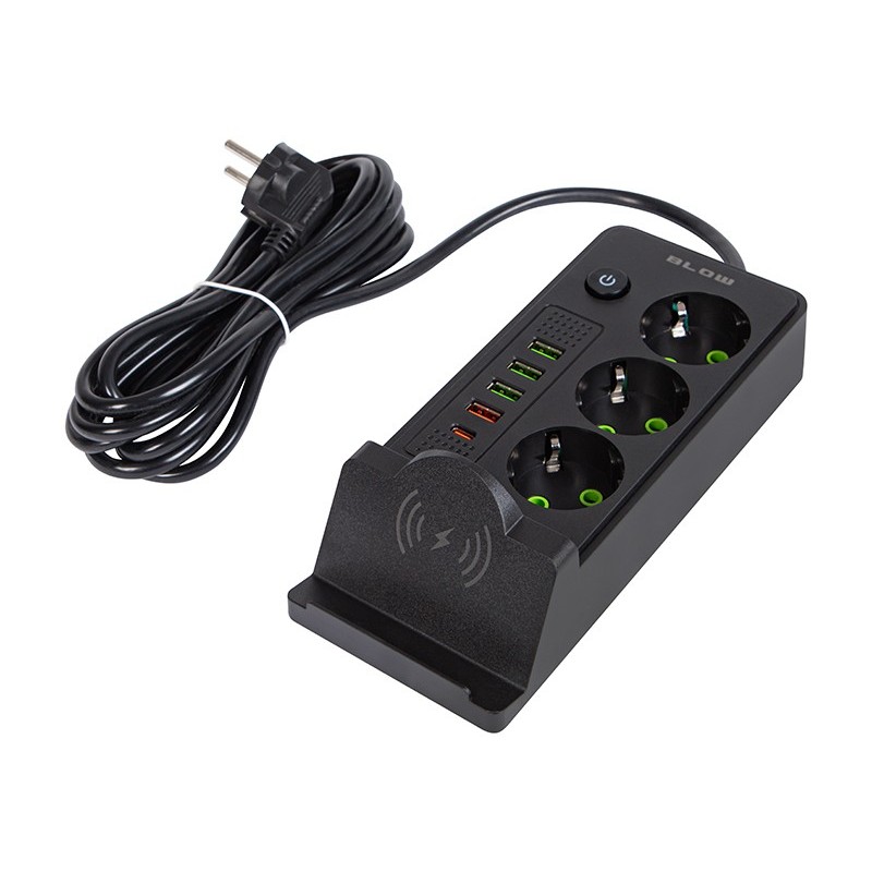 Jatkojohto PS-350U | 3 paikkaa | 3m | Langaton lataus | USB-C PD