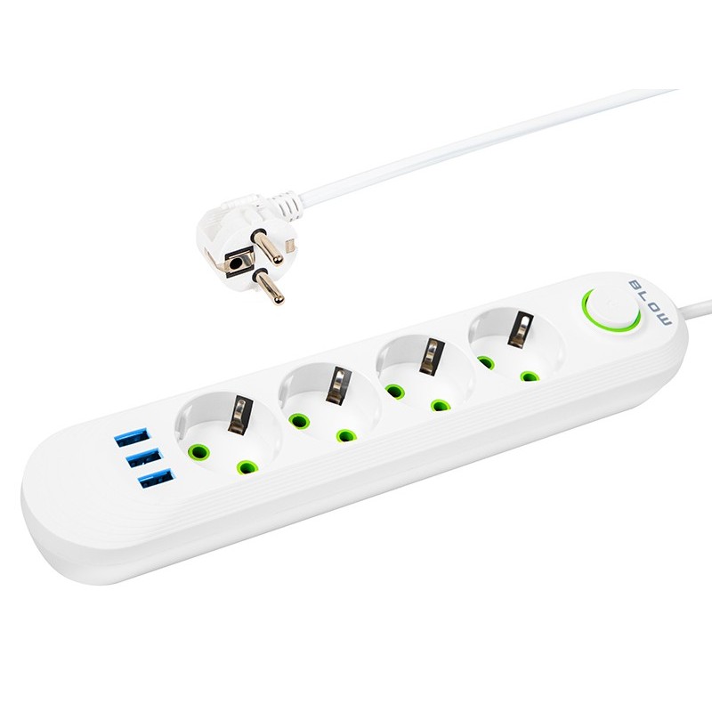 Jatkojohto 4-paikkainen 3xUSB 2m | PS-420 valkoinen | 2500W kytkimellä
