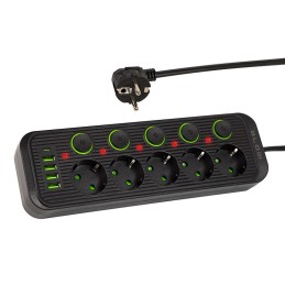 Jatkojohto PS-530S | 5 paikkaa | 3m | 4xUSB + USB-C | Musta