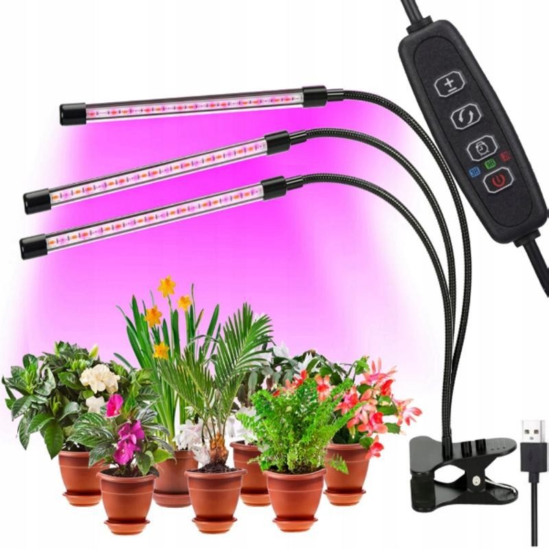 LED-kasvivalaisin 3 päätä | Täysi spektri | Timer ja USB-virta