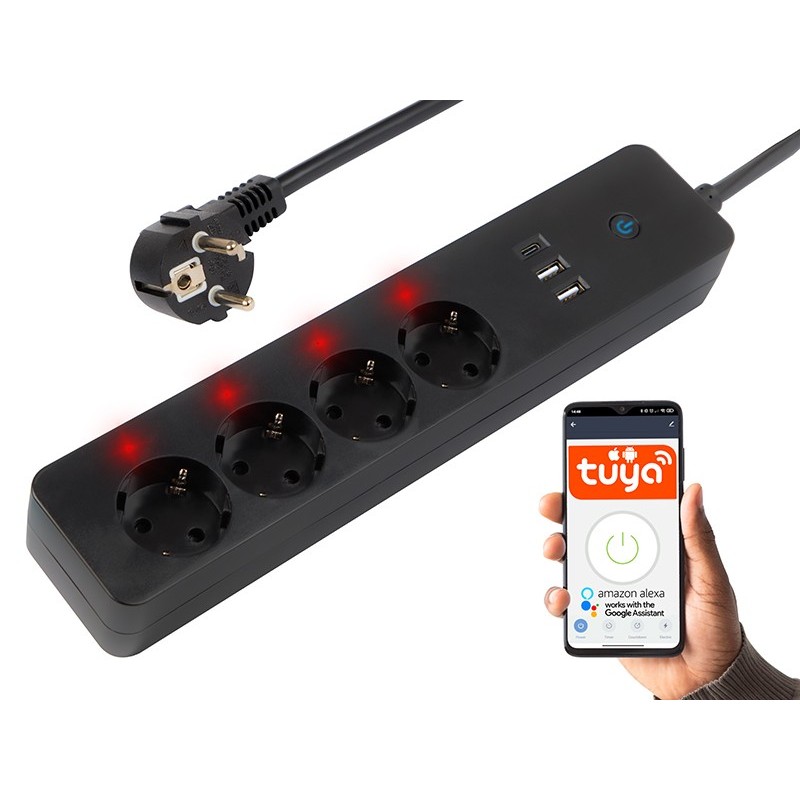 Älykäs WiFi-jatkojohto 4-osainen | 2x USB & USB-C | Tuya & Smart Life