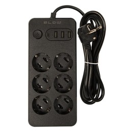 Jatkojohto 6 paikkaa 3xUSB 1xUSB-C 2m | PS-620 Musta