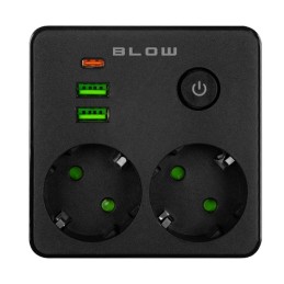 Jakaja 2xpistoke, 2xUSB, USB-C, musta