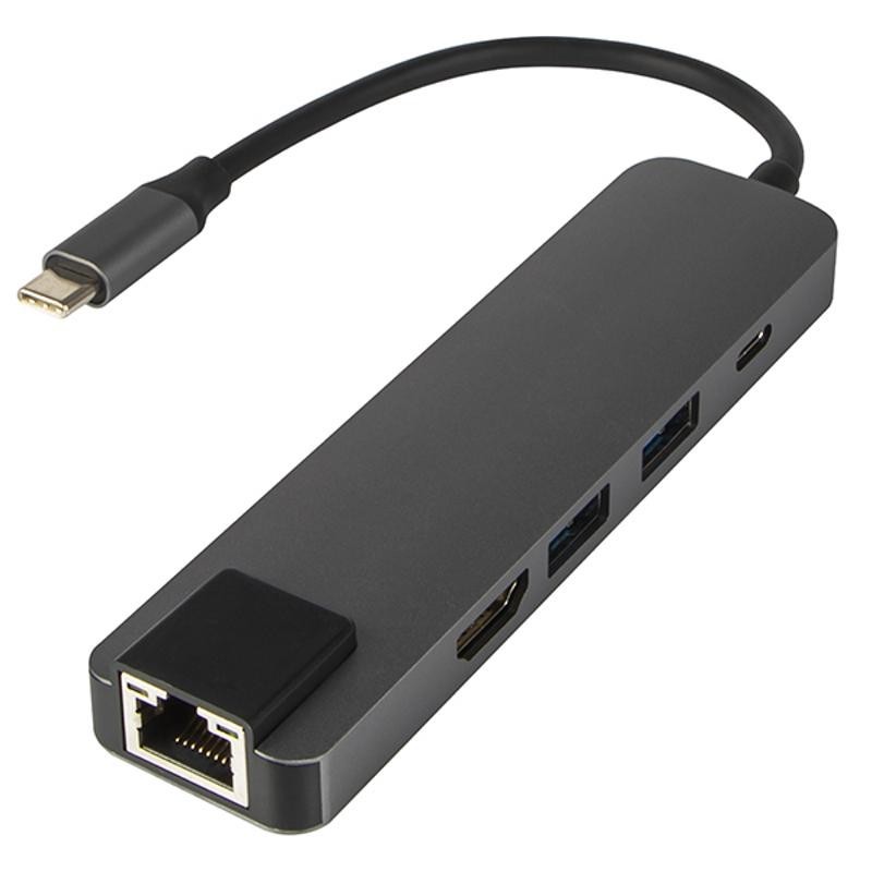 USB-C HUB -adapteri 5-in-1 | HDMI 4K | LAN 1Gbps | 2x USB 3.0