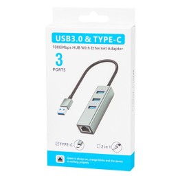 USB-C-verkkokortti RJ45 Gigabit Ethernet | 3x USB 3.0 -keskitin K-06