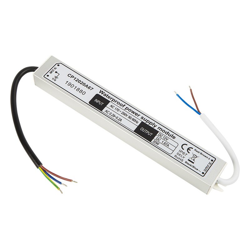 Vedenpitävä LED-virtalähde 12V 1.67A 20W | Slim IP67