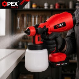 Akkukäyttöinen maaliruisku OPEX TOOLS 21V | Tehokas HVLP-maalauslaite kahdella akulla