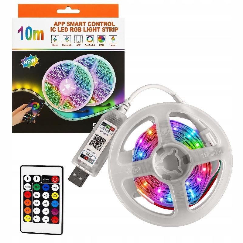 10m LED-valonauha, USB-kaapeli ja langaton kaukosäädin