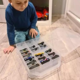 Säilytyssalkku ja hylly 46 pikkuautolle | Läpinäkyvä autotalli pikkuautoille