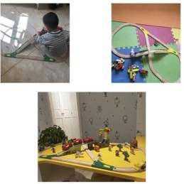 Puinen junarata paristoveturilla  | 57-osainen lasten junarata ja nosturikone