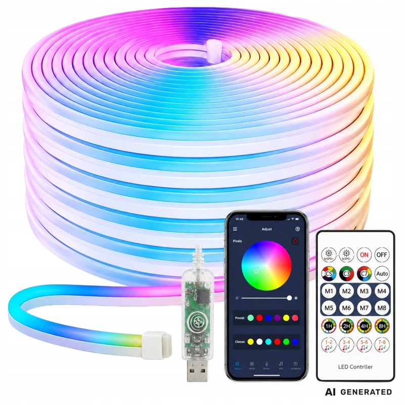 5m RGB Neon LED-valonauha kaukosäätimellä ja sovelluksella | Tasainen joustava valoletku kotiin