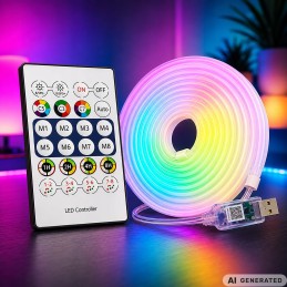 5m RGB Neon LED-valonauha kaukosäätimellä ja sovelluksella | Tasainen joustava valoletku kotiin