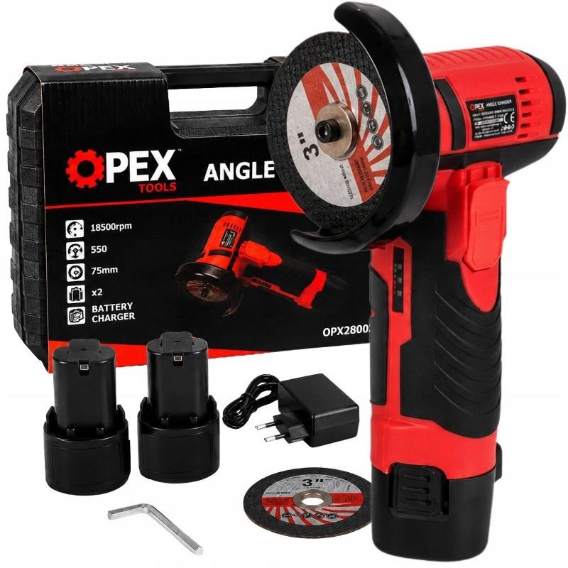Akkukulmahiomakone 12V kahdella akulla OPEX TOOLS | Pieni rälläkkä 75 mm salkussa