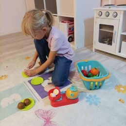 Leikkiruokasetti tarranauhalla ja minikeittiö | 22-osainen leikattava hedelmä- ja vihannessetti